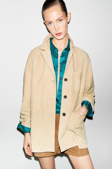 Zara Suede leather blazer with pockets - Beige