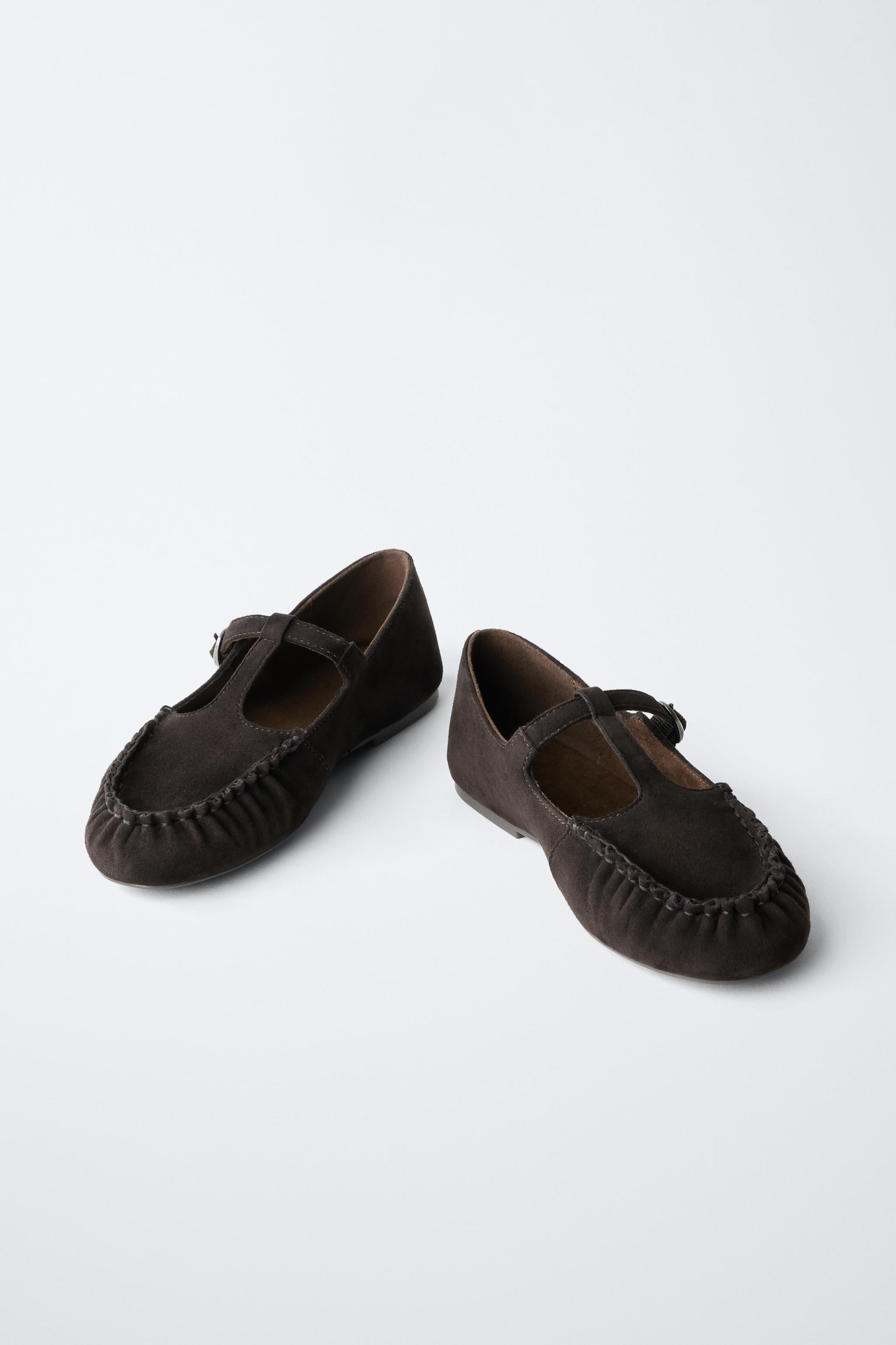 Обувь Zara LEATHER T-STRAP BALLET FLATS — фото 3