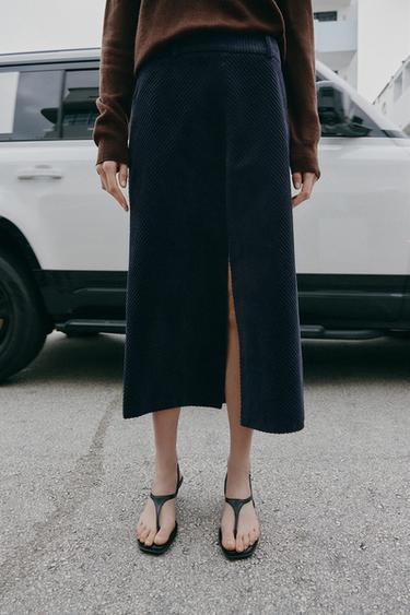 JUPE DROITE MI-LONGUE EN VELOURS CÔTELÉ - Bleu marine de Zara - Image 3