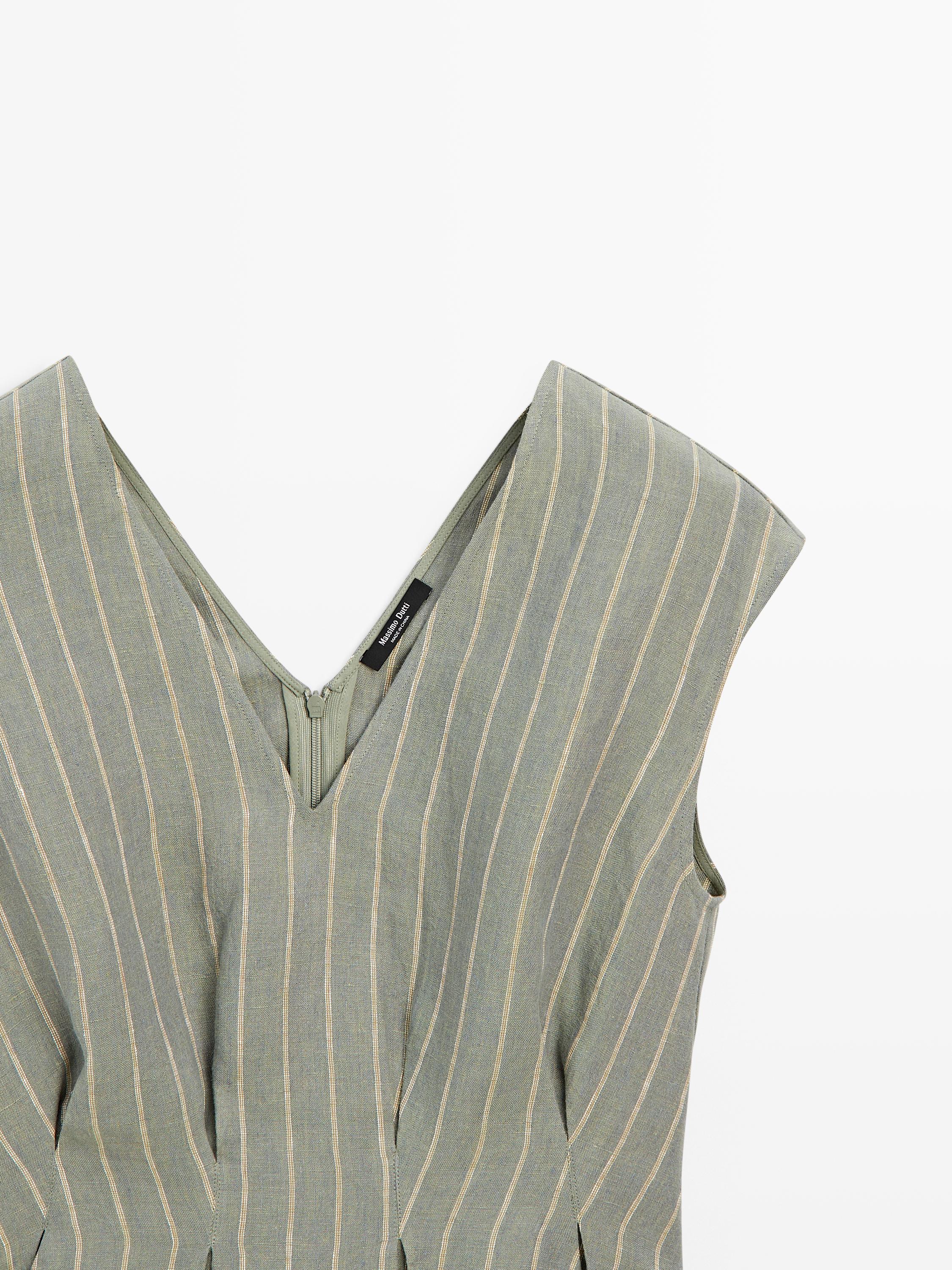 100% linen striped top with pleated details