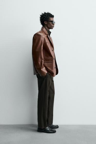 RELAXED FIT LEATHER BLAZER - Brown by Zara - Image 3