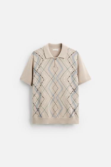 ARGYLE JACQUARD KNIT POLO SHIRT - Light beige by Zara - Image 5