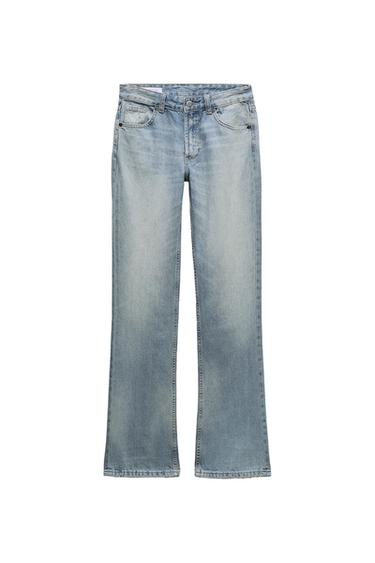 Light blue straight-cut jeans with a distressed effect, five pockets, and button and zip fastening.