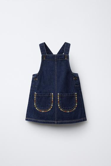 EMBROIDERED FLOWER DENIM PINAFORE DRESS - Blue by Zara - Image 0