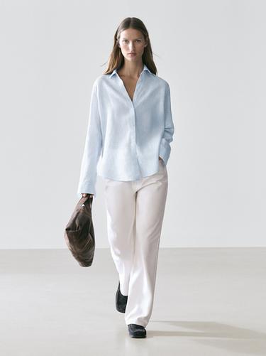 Zara Flowing pinstriped 100% linen shirt - Sky blue - Image 0