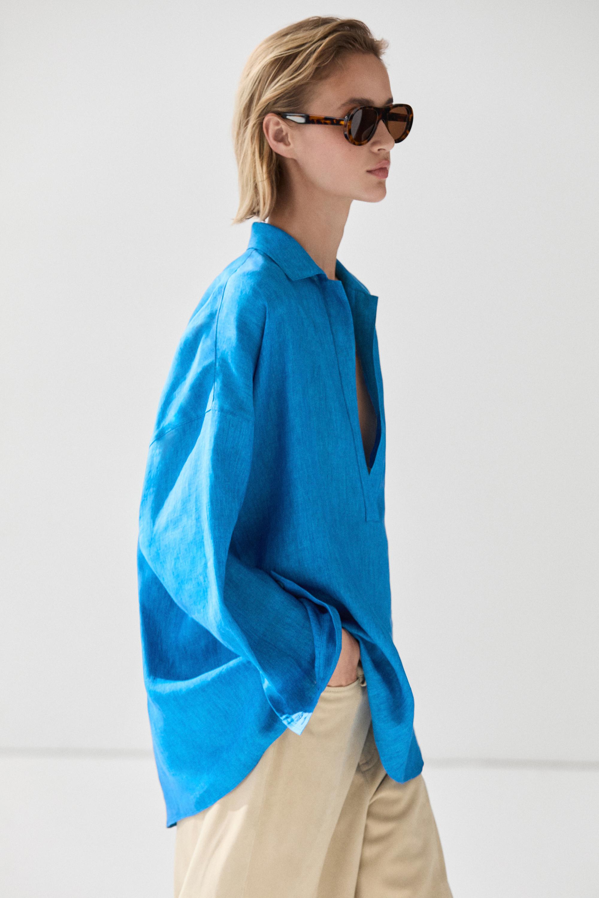 100% linen flowing blouse — Blue