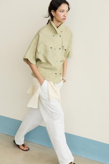 Chemise manches courtes lin à boutons-pression - Citron vert de Zara
