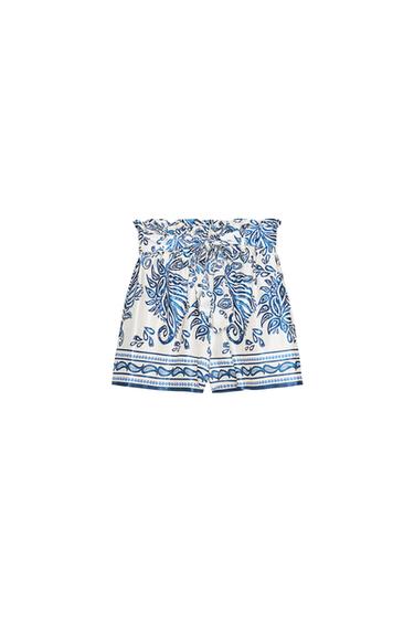 PRINTED SATIN PAPERBAG BERMUDA SHORTS