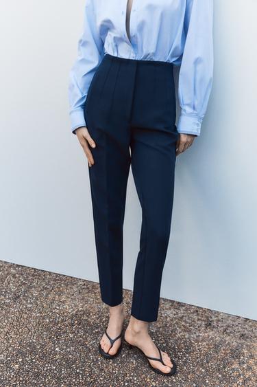 Zara PANTS WITH A HIGH WAIST - Navy blue