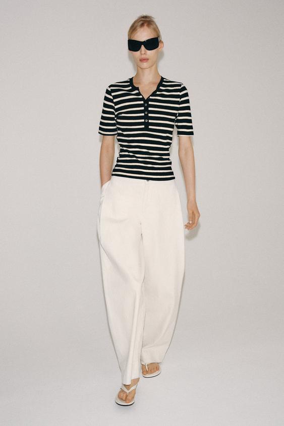 Zara LINEN BUTTON T-SHIRT - Ecru / Black - Image 0