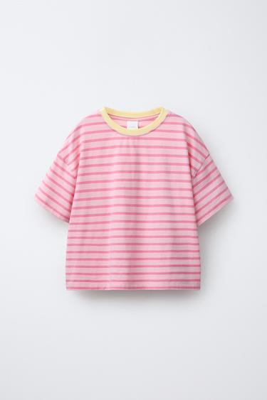 STRIPED T-SHIRT WITH CONTRAST COLLAR - Pink by Zara - Image 0