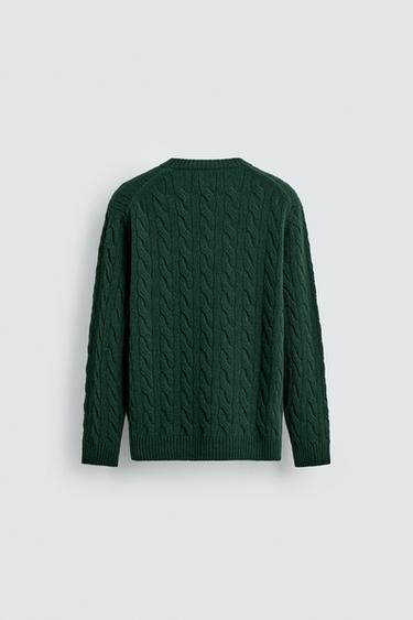 100% WOOL CABLE-KNIT JUMPER - Dark bottle green by Zara - Image 7