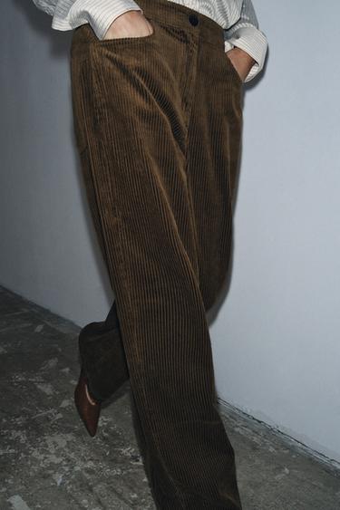 Zara ZW COLLECTION WIDE LEG CORDUROY PANTS - Olive green