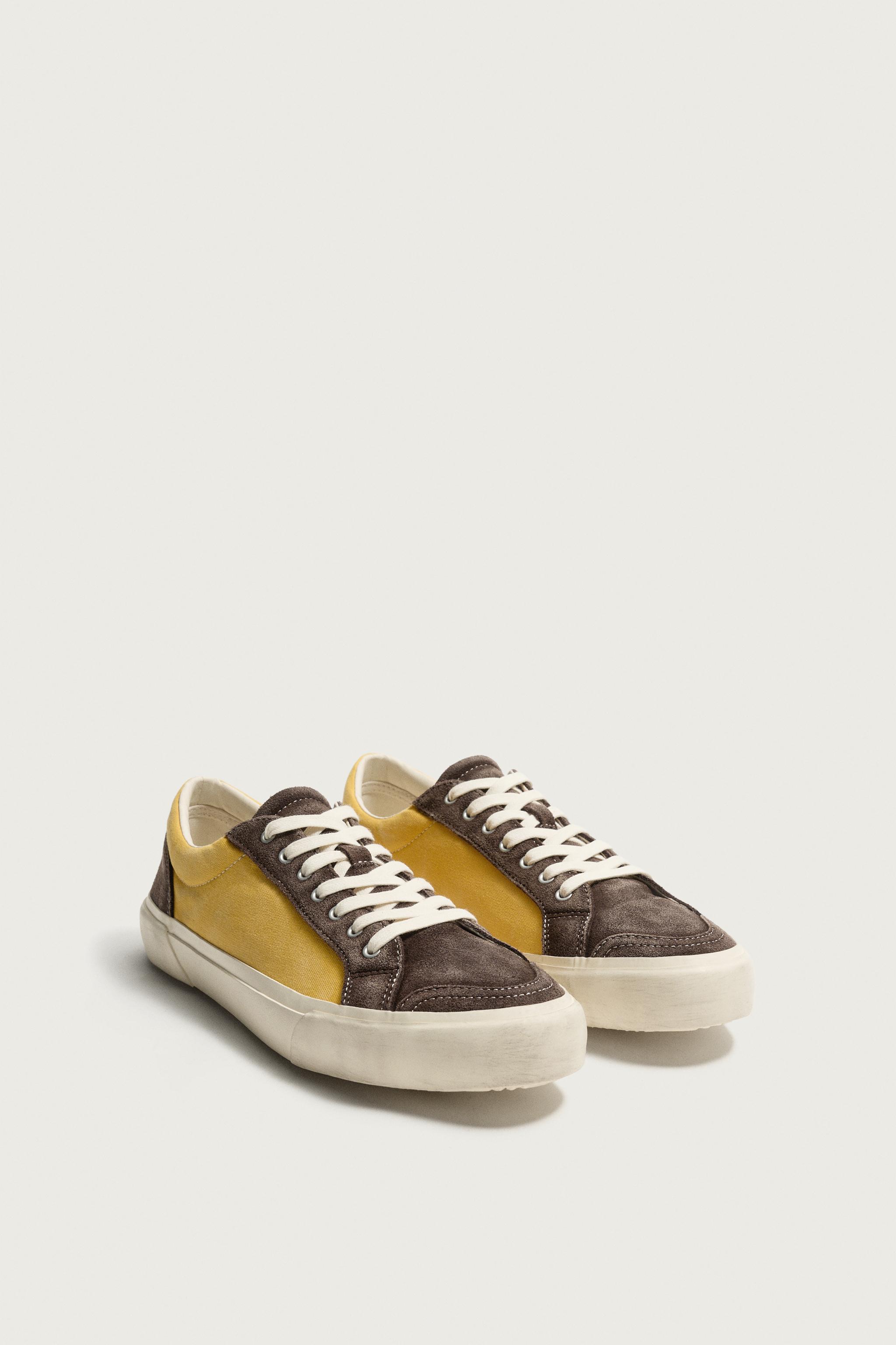 LEATHER MIX SNEAKERS — Brown