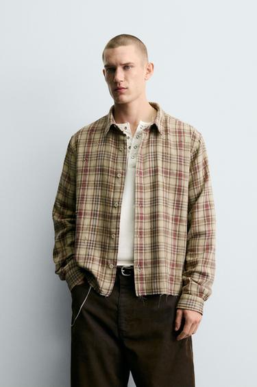 Zara PLAID SHIRT WITH DISTRESSED EFFECTS - Yellow