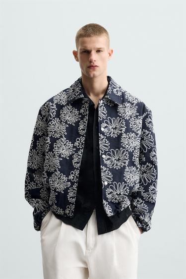 Zara FLORAL EMBROIDERED JACKET - Blue / White