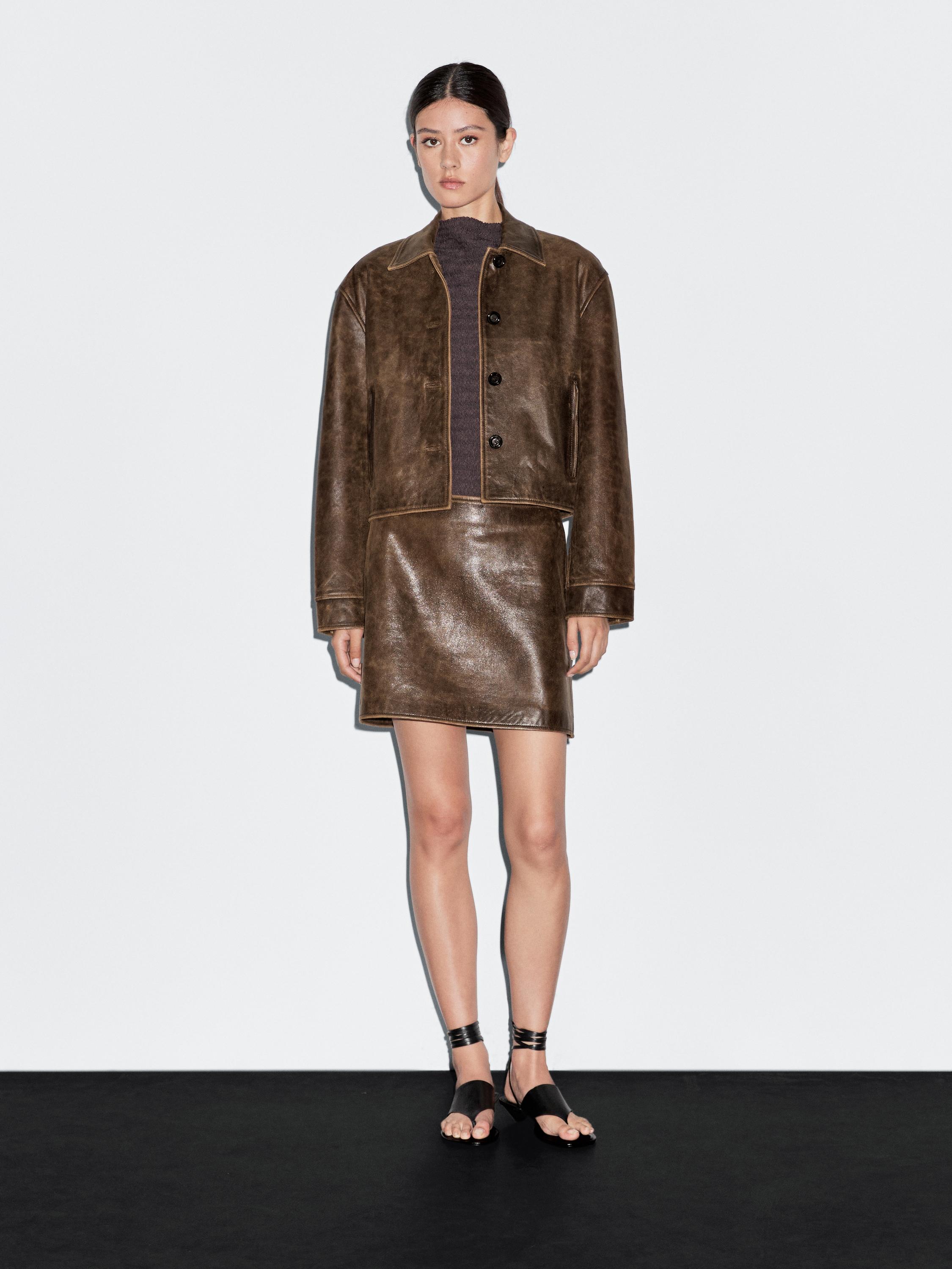 Veste courte effet usé en cuir nappa