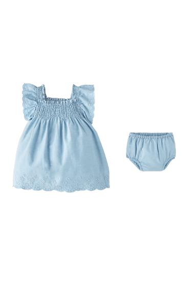 FLOWING DENIM DRESS WITH SCALLOPED EMBROIDERY