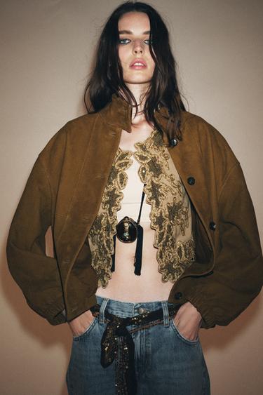 Zara 100% LEATHER BOMBER JACKET ZW COLLECTION LIMITED EDITION - Khaki