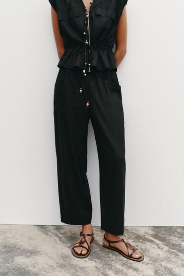 PANTALÓN CON LINO CORDÓN ABALORIOS - Negro de Zara