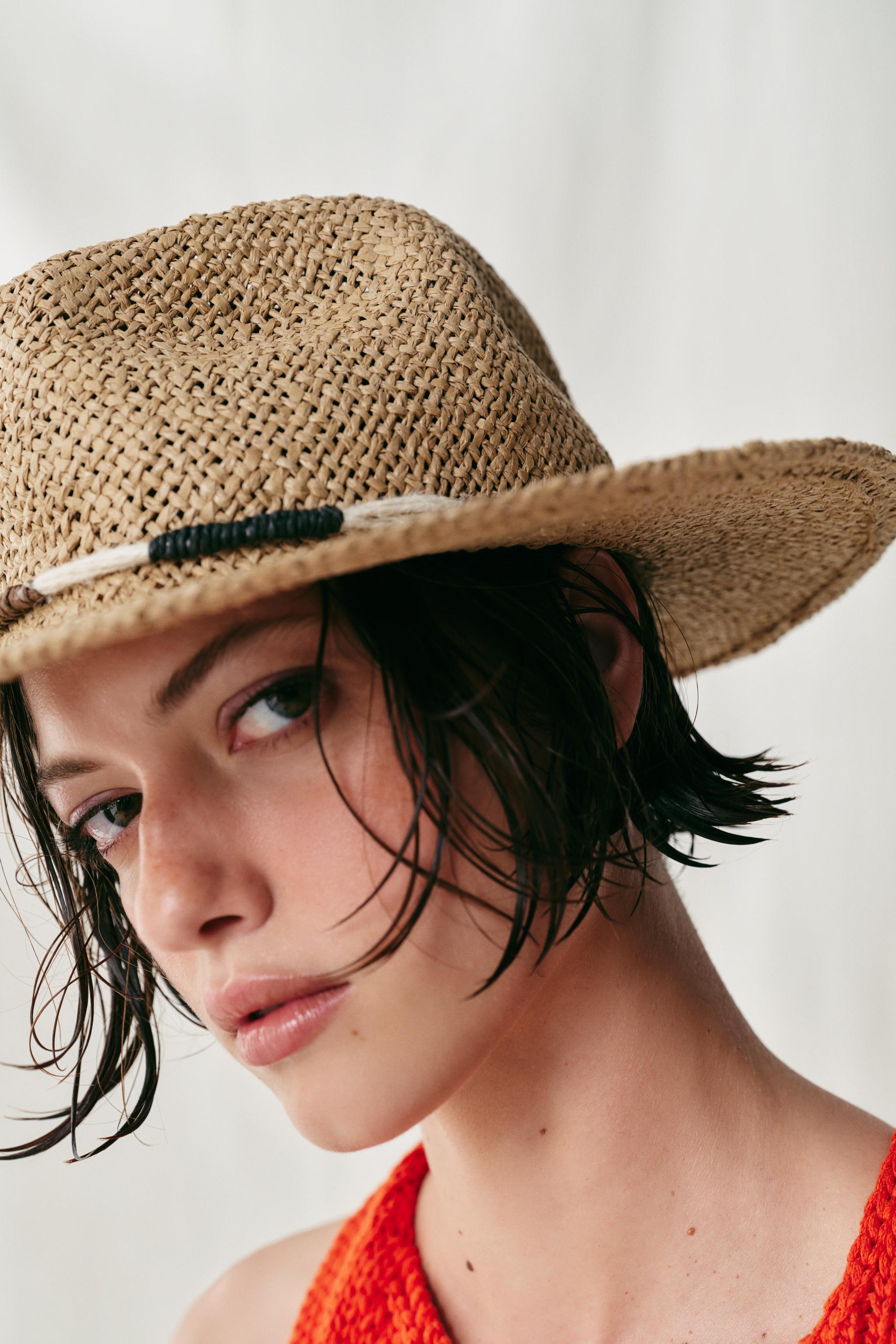 WOVEN PAPER HAT WITH CORD — Light beige