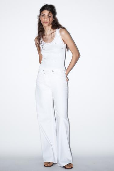Zara RIBBED BOW LACE TOP - White