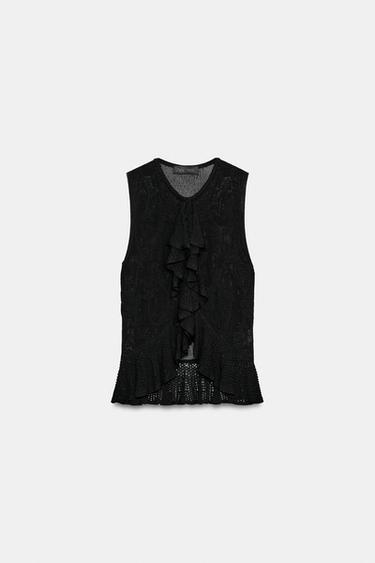 ROMANTIC POINTELLE KNIT TOP WITH RUFFLES - Black by Zara - Image 5