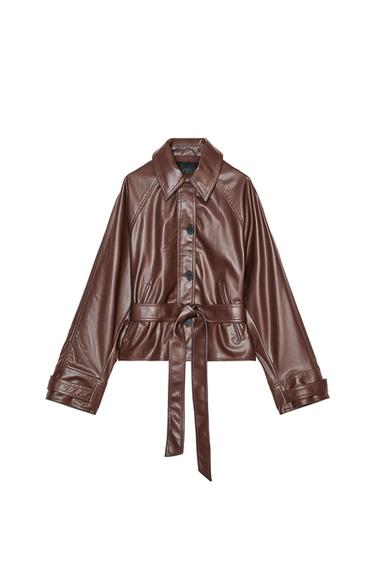Front view of brown jacket with belt and classic collar.