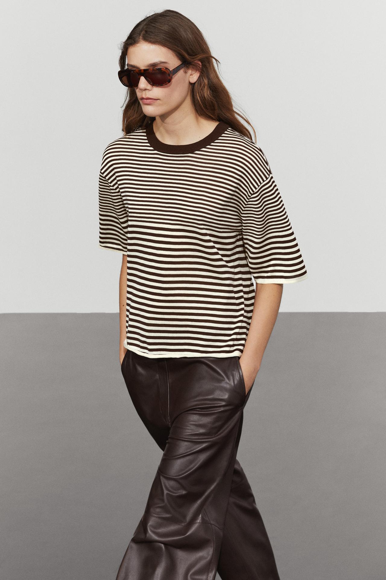 100% cotton short sleeve striped T-shirt — Brown