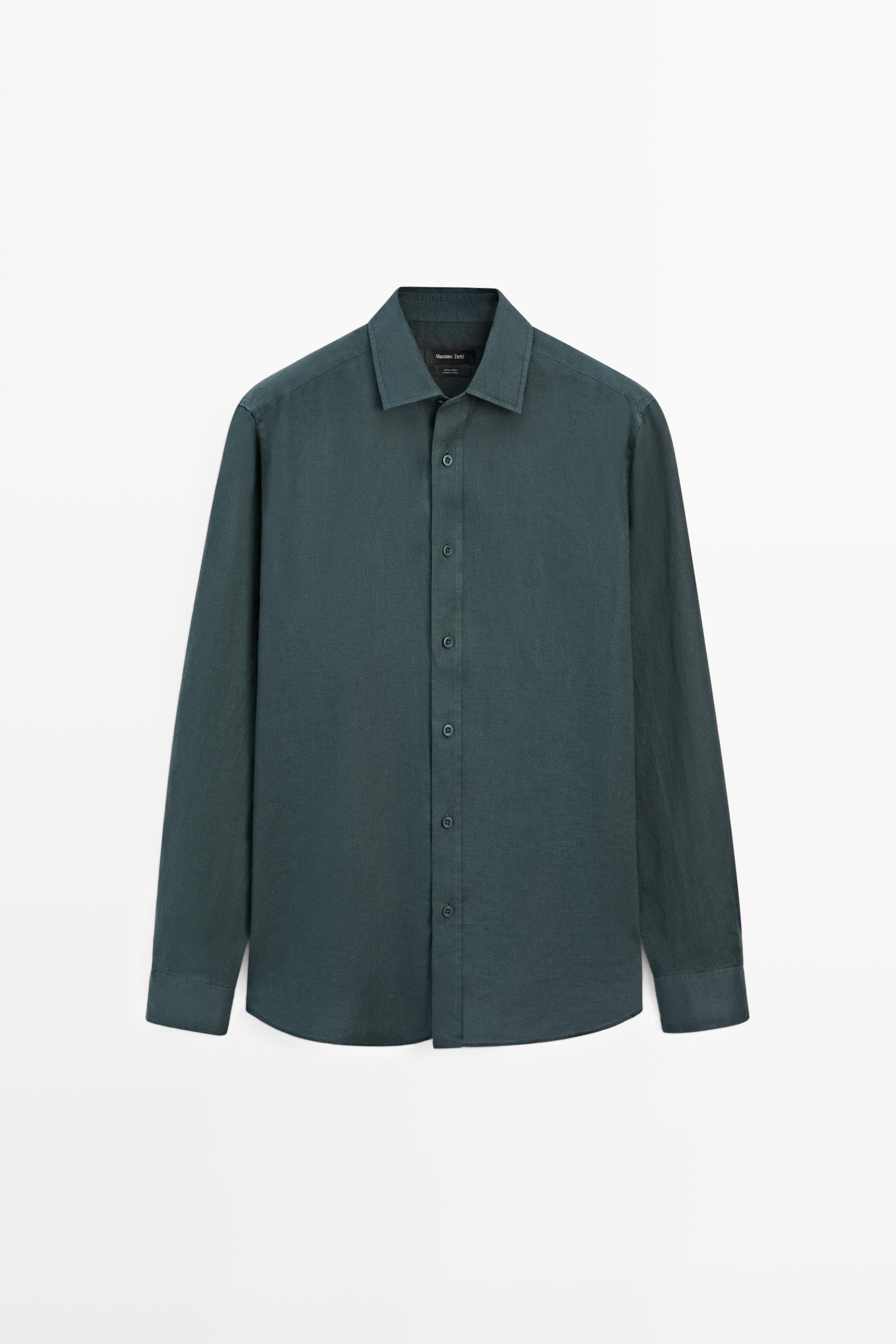 Slim fit 100% linen shirt — Light petrol blue