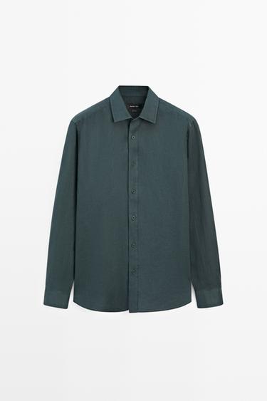 Slim fit 100% linen shirt — Light petrol blue 1