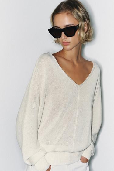 Zara V-NECK KNIT JUMPER - Ecru