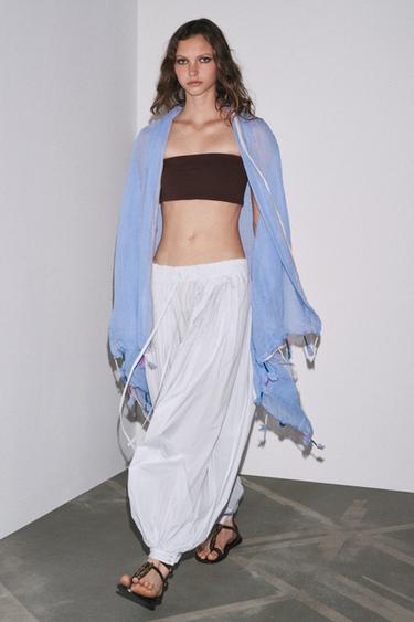 Zara STRIPED LINEN SCARF WITH POM POMS - Blue
