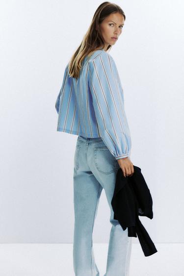 STRIPED POPLIN SHIRT WITH TIES - Sand / Blue by Zara - Image 5