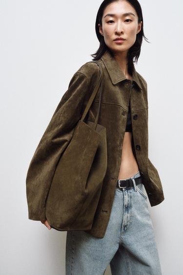 Zara MAKSI SHOPPER TORBA OD PREVRNUTE KOŽE – Kaki zelena