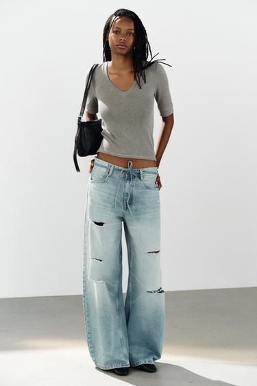CAMISETA ESCOTE PICO - Gris topo de Zara