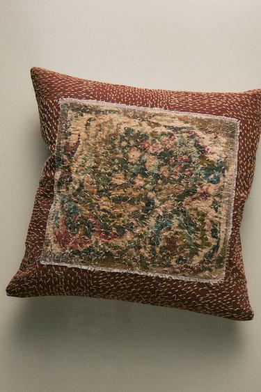 CUSHION COVER WITH APPLIQUÉ AND STITCHING — Brown 1