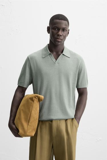 Zara COTTON-SILK KNIT POLO SHIRT - Washed green