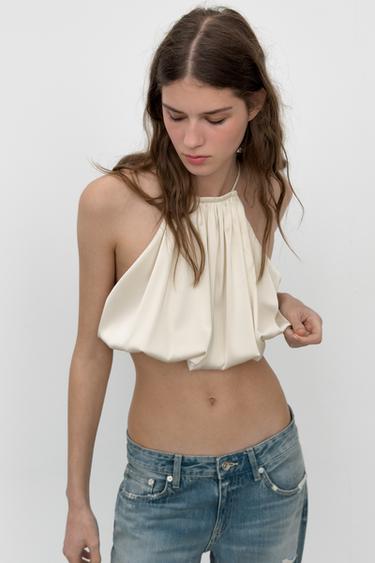 SATIN HALTER BUBBLE CROP TOP - Cream by Zara