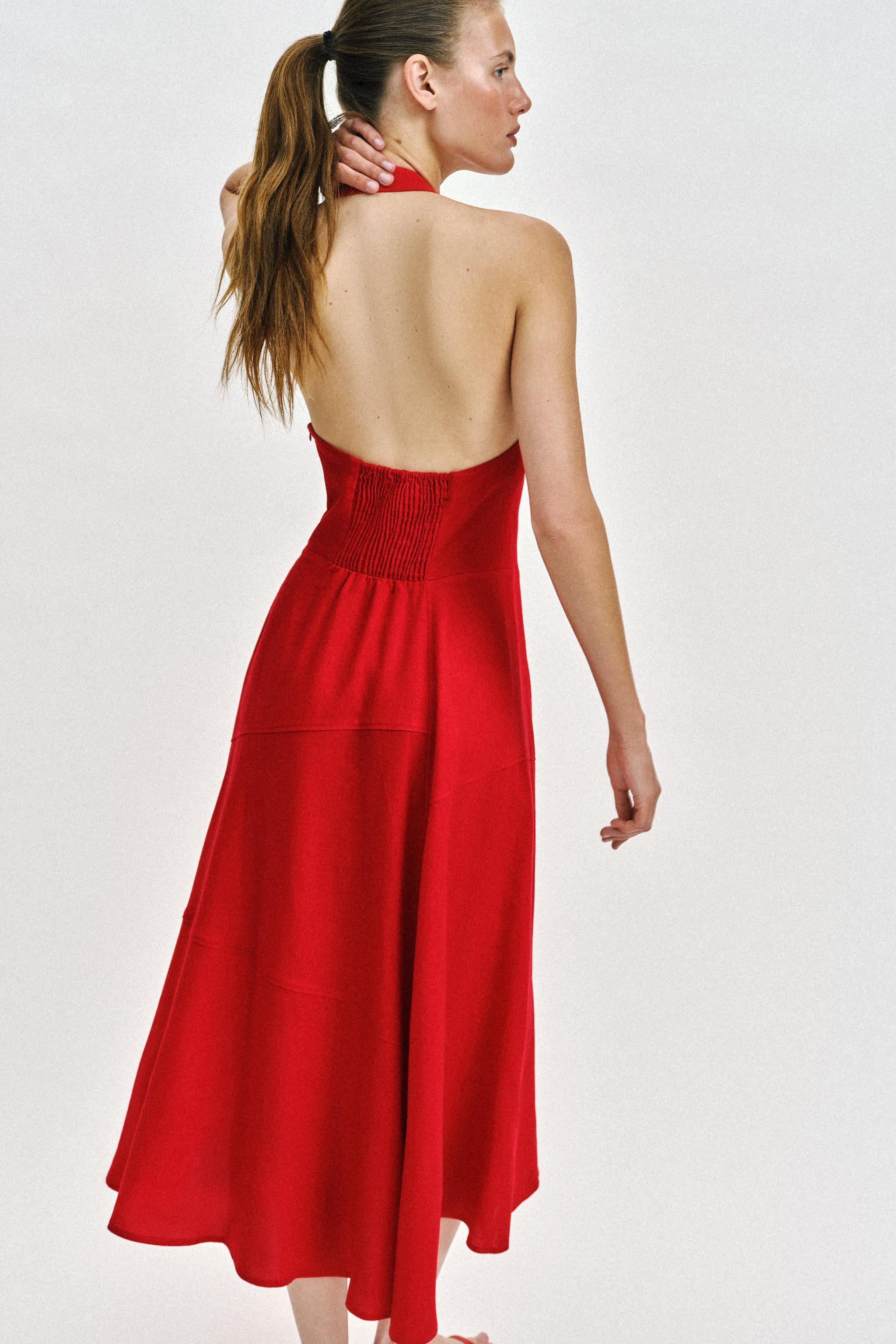 LINEN BLEND HALTER MIDI DRESS