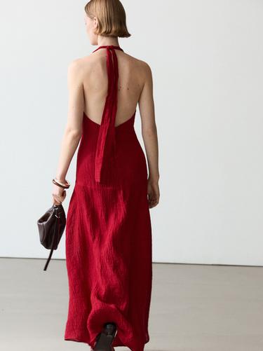 Zara Long 100% linen dress with neckline detail - Red