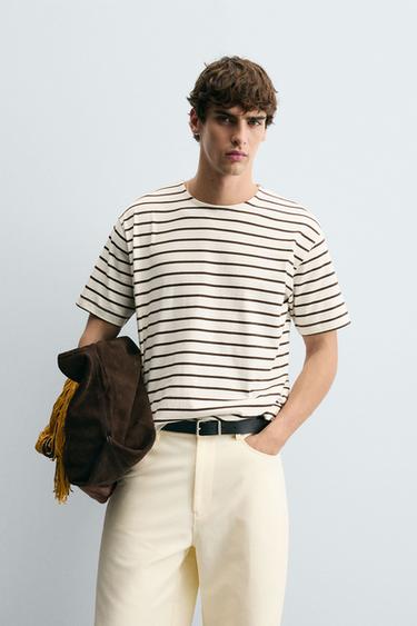 CAMISETA RELAXED FIT LISTRADA - Bege-marrom da Zara
