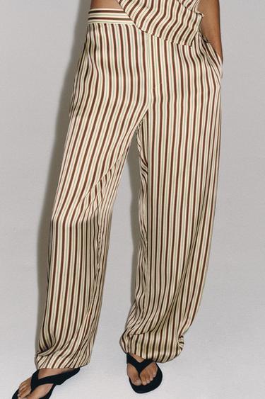 ZW COLLECTION STRIPED BALLOON TROUSERS - Ecru / Maroon by Zara