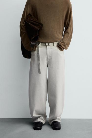 JEAN COUPE DÉCONTRACTÉE CEINTURE - Vert gris de Zara - Image 1