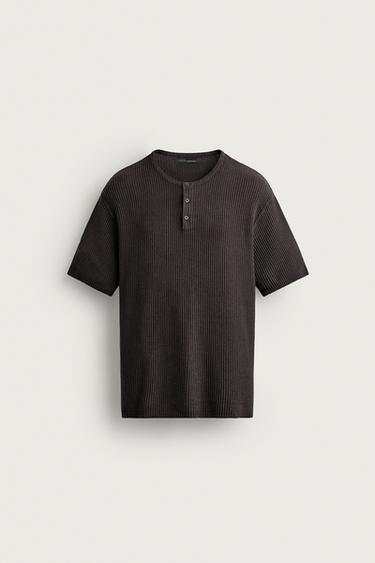 ユーズド加工ニットヘンリーネックＴシャツブラックZaraのユーズド加工ニットヘンリーネックＴシャツ - ブラック 