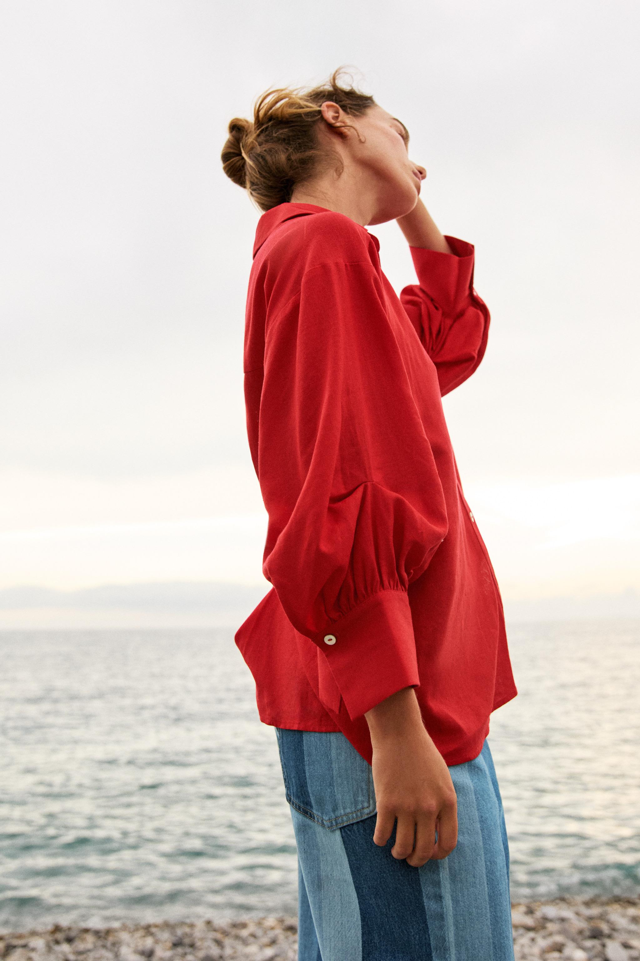 LINEN BLEND PUFF SLEEVE SHIRT — Red