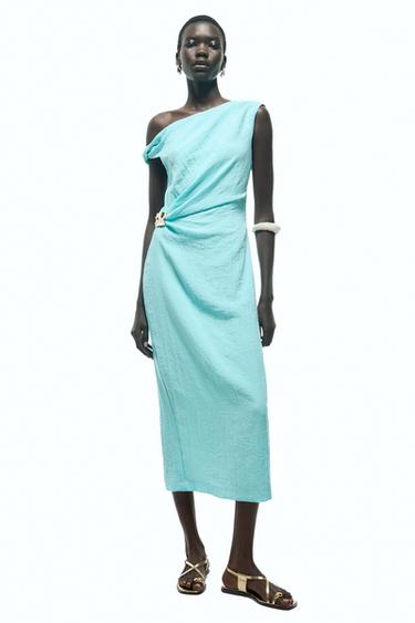 VESTIDO MIDI ASSIMÉTRICO COM APLIQUE - Turquesa da Zara - Imagem 0