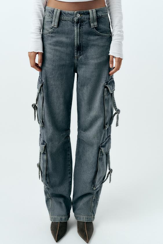 Women White Cargo 6 Pockets Wide Leg Flared Jeans