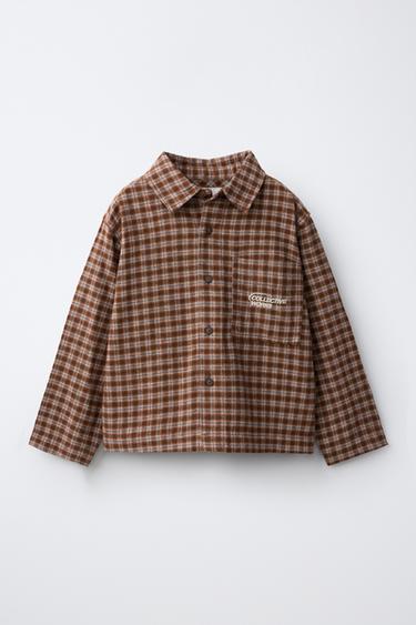 CHECK SHIRT WITH EMBROIDERED TEXT POCKET - Brown by Zara