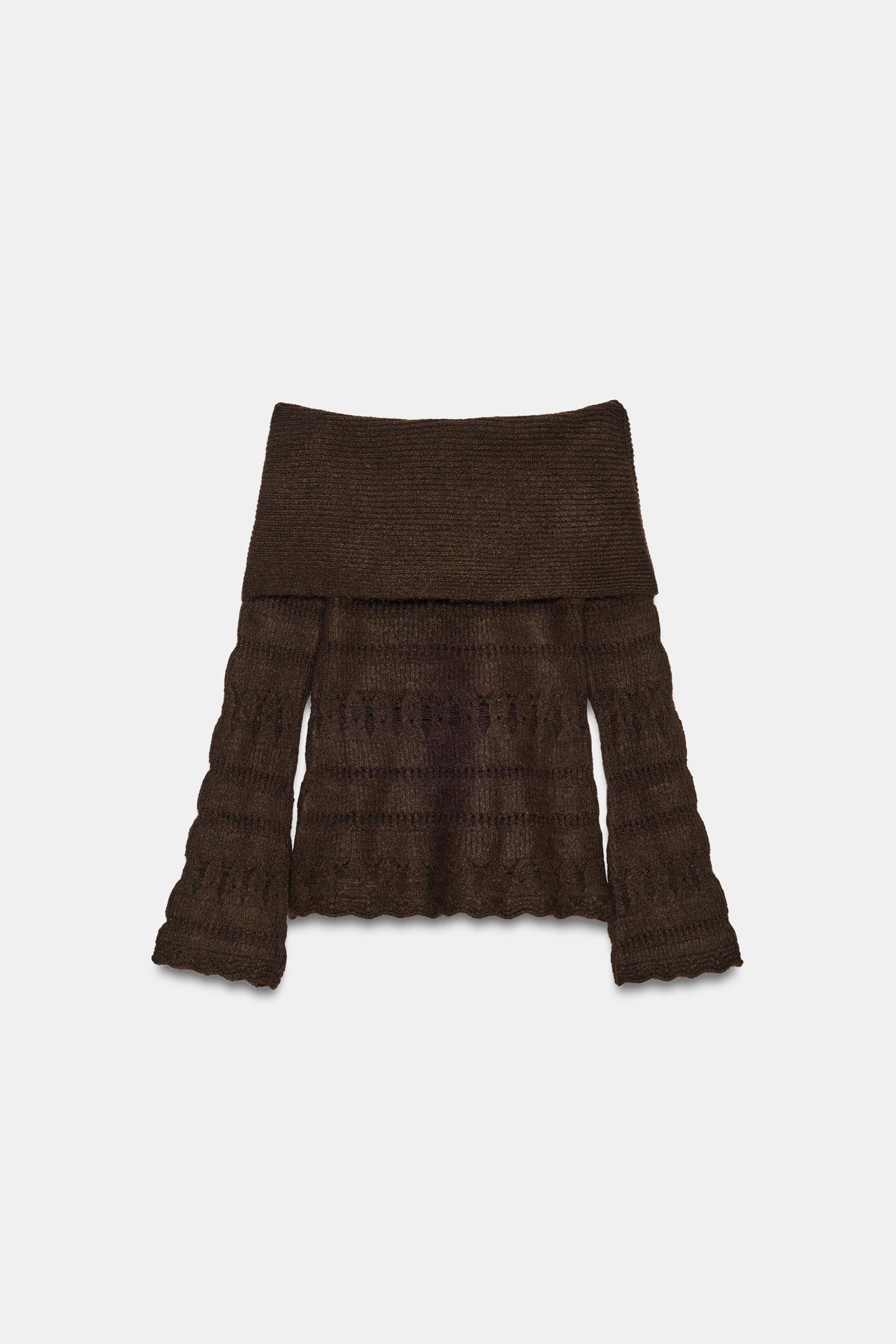 Женский свитер Zara Off-The-Shoulder Openwork Jumper, цвет: Шоколадный — фото 7